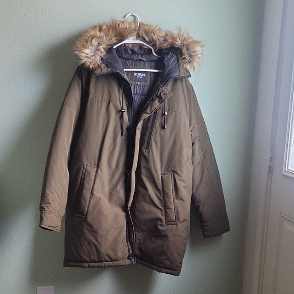 GUESS Men's Brown Puffer Coat with Faux Fur Hood Size XL - Picture 1 of 12